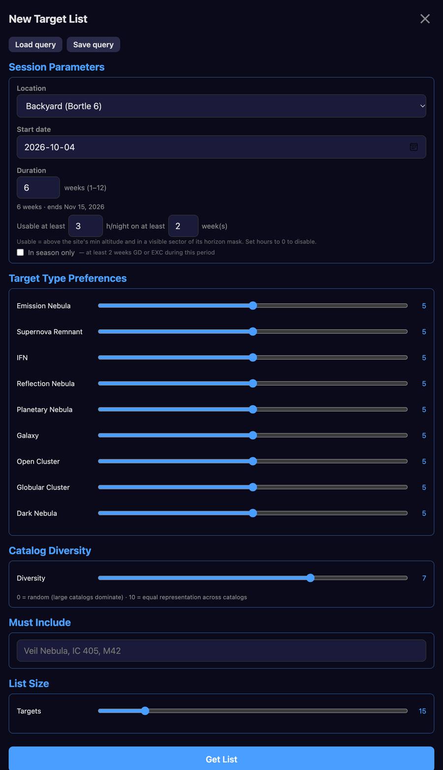New Target List screen