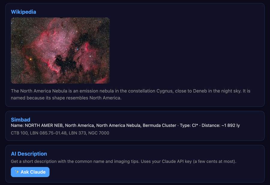 Wikipedia, Simbad and AI Description cards
